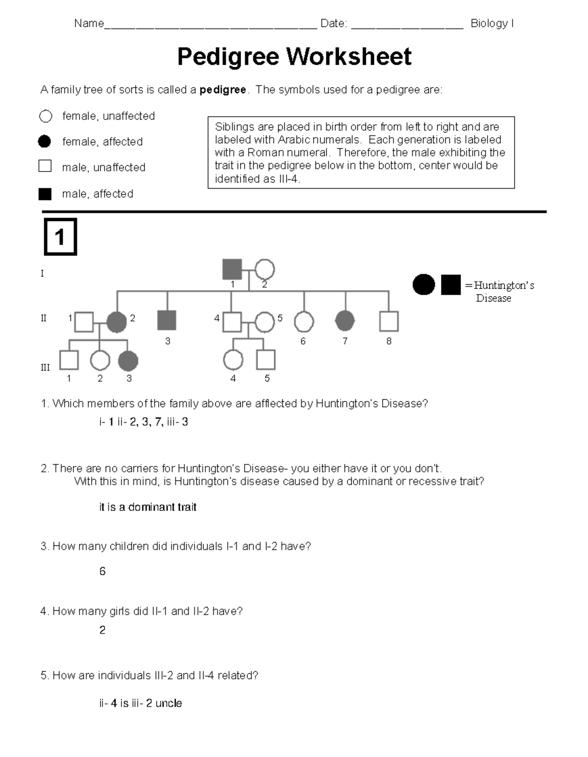 Pedigree Practice Problems questions worksheet -  Name__________________________________ Date: - Studocu