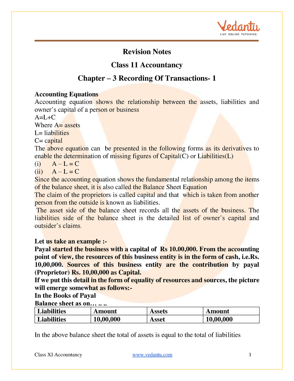 Class 11 Accountancy Chapter-3 Revision Notes - Revision Notes Class 11