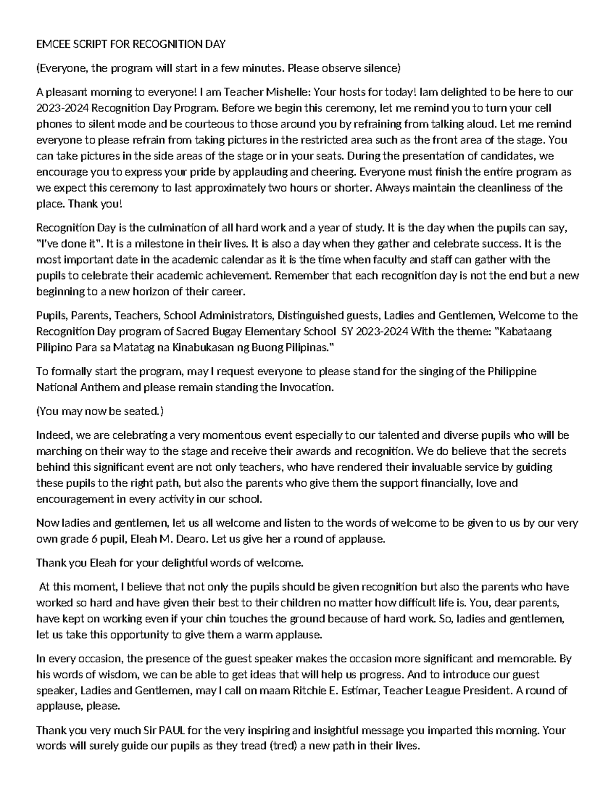 Emcee Script FOR Recognition DAY - EMCEE SCRIPT FOR RECOGNITION DAY ...