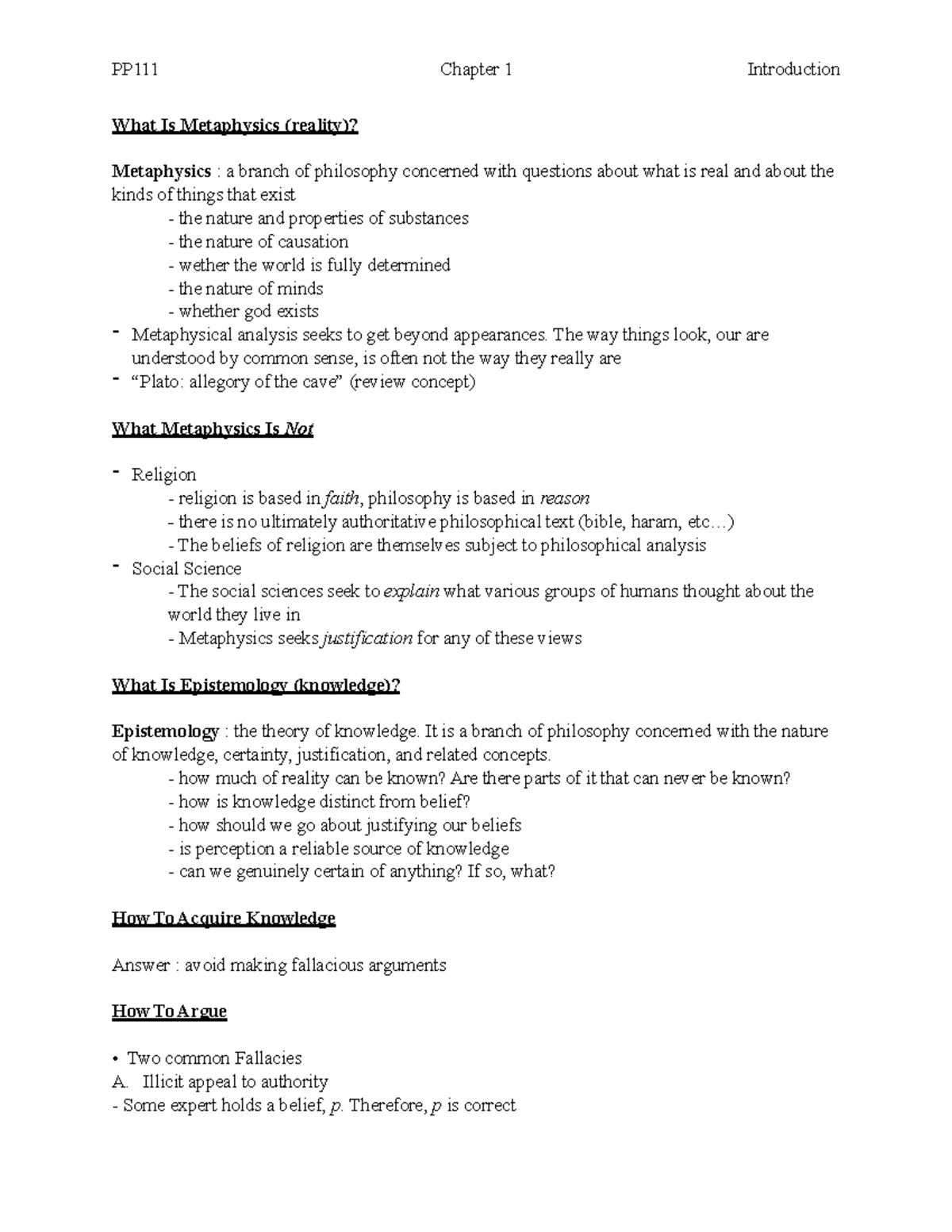 PP111 Notes - Chapter 1 - Intro to Philosophy Dr. Bryon Williston ...