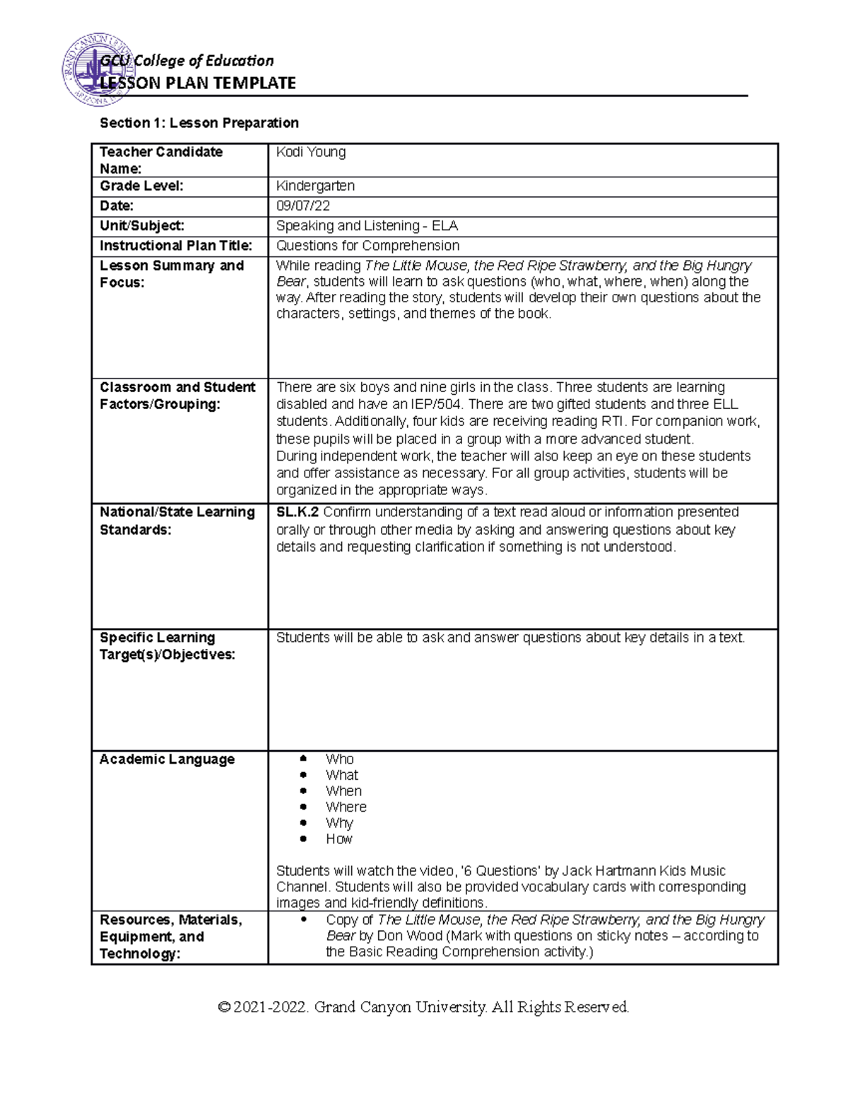 Speaking And Listening Lesson Plan LESSON PLAN TEMPLATE Section 1 