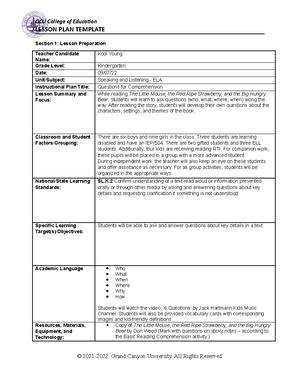 Writing lesson plan for ELM-480 - LESSON PLAN TEMPLATE Section 1 ...