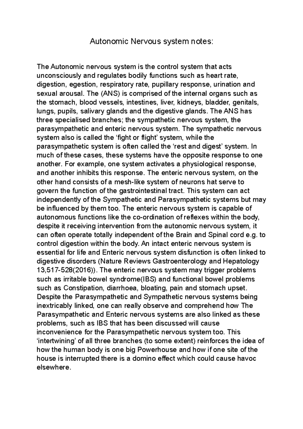 Autonomic Nervous system notes - The (ANS) is comprised of the internal ...