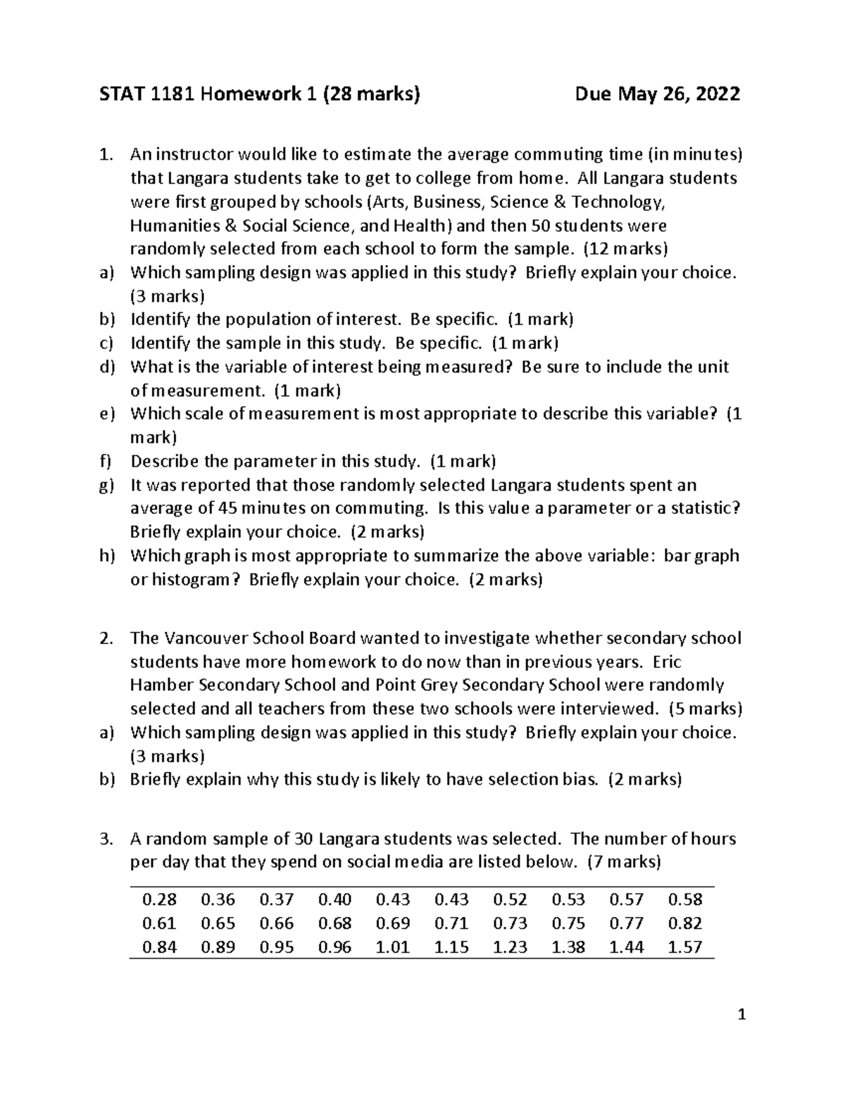 S1181-001 HW1 S22 - Solutions - 1 STAT 1181 Homework 1 (28 Marks) Due ...