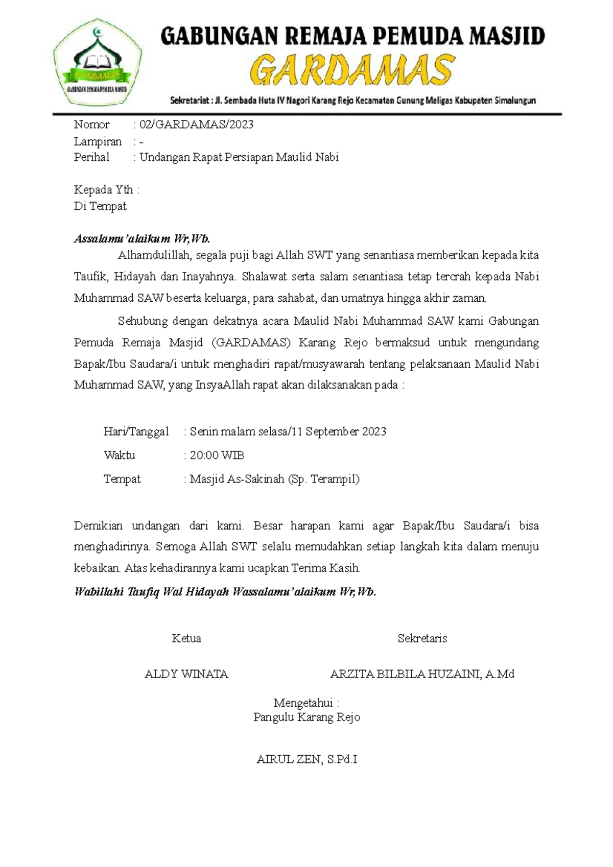 Undangan Rapat - baik - Nomor : 02/GARDAMAS/ Lampiran : - Perihal