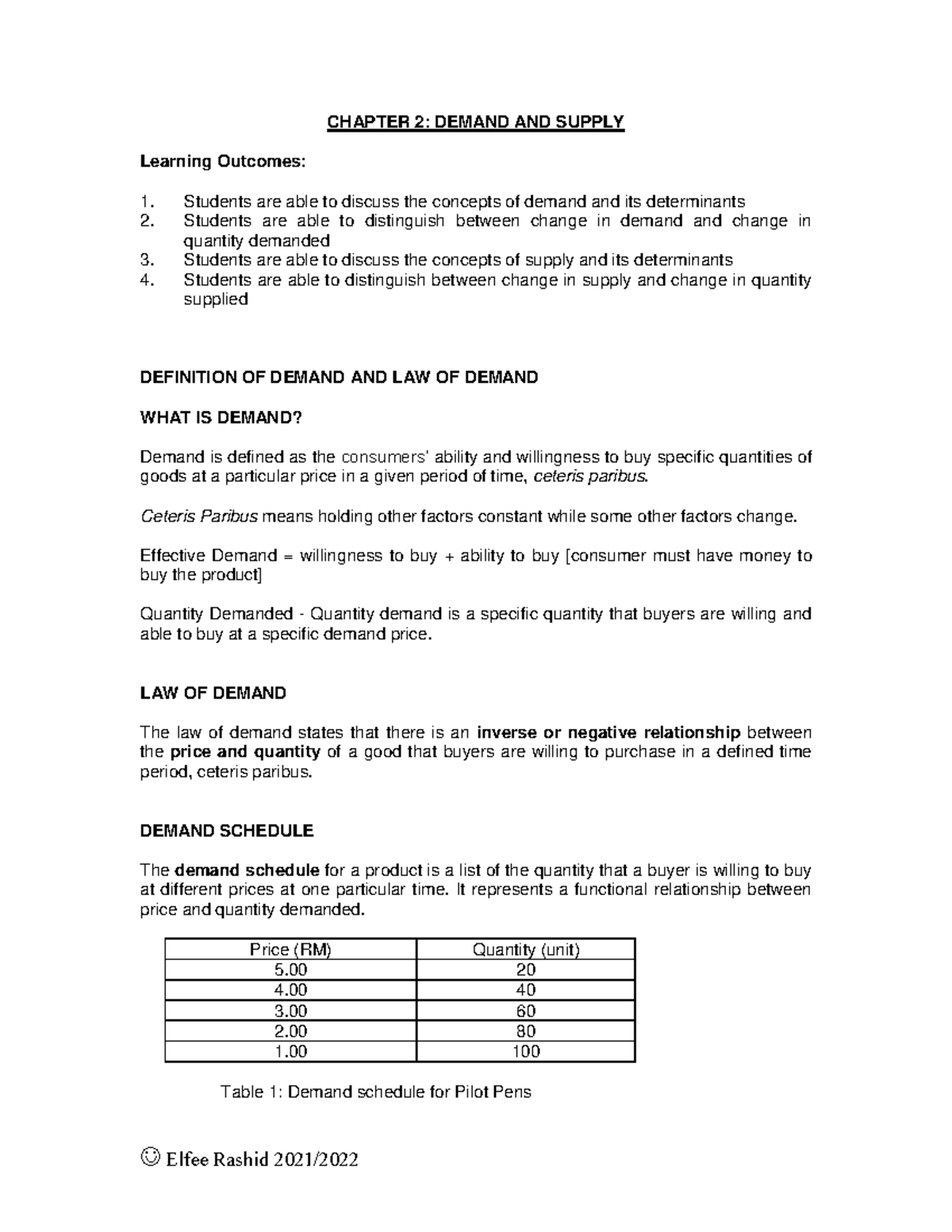 Note chapter 2 - GOOD - CHAPTER 2: DEMAND AND SUPPLY Learning Outcomes ...