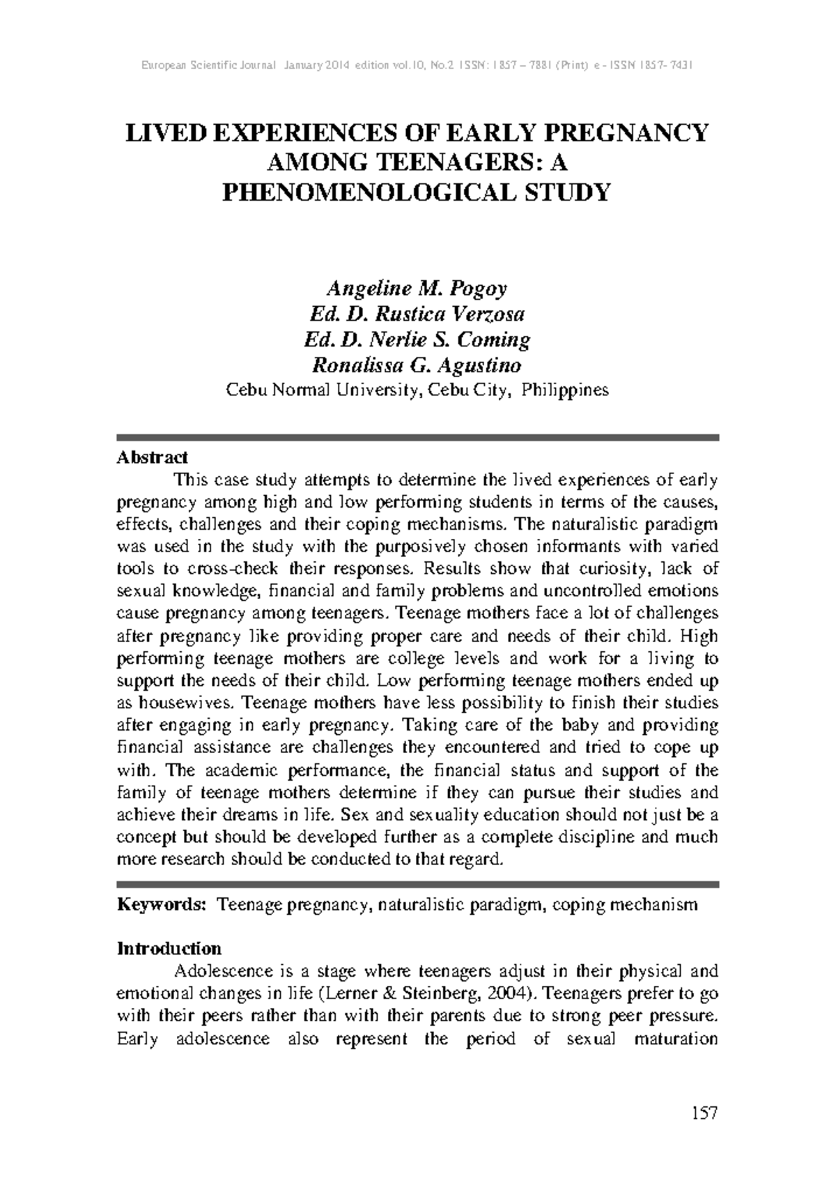 Lived Experiences of Early Pregnancy Amo - LIVED EXPERIENCES OF EARLY ...