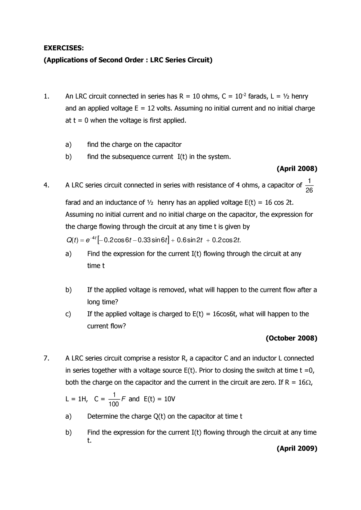 Excercises LRC Series Circuit - EXERCISES: (Applications of Second ...