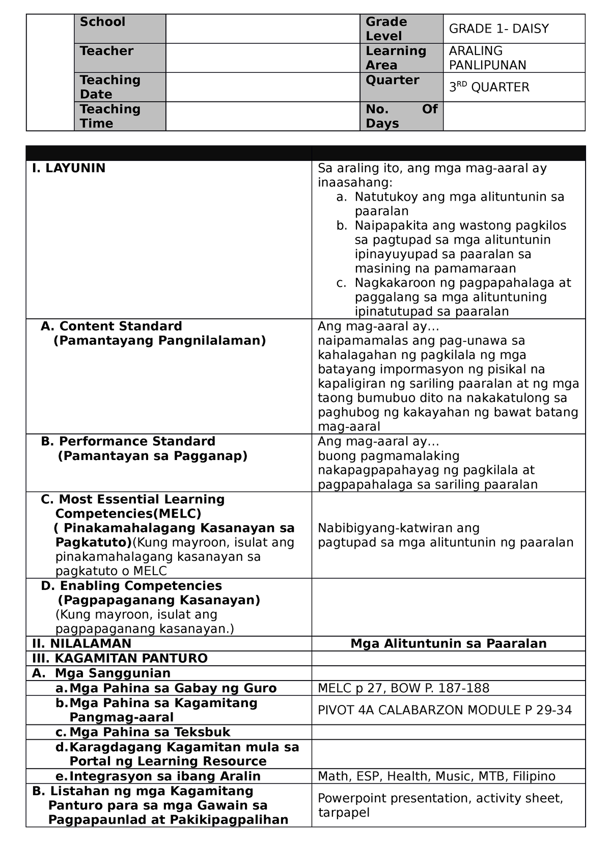 Q3 Ap Le Mga Alituntunin Sa Paaralan School Grade Level Grade 1 Daisy Teacher Learning Area 2164