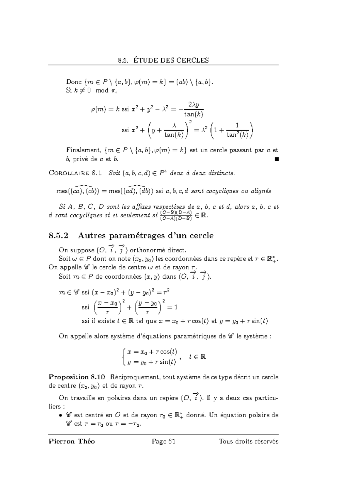 Maths Mpsi-27 - 8. ÉTUDE DES CERCLES Donc {m ∈ P \ {a, B}, φ(m) = K ...