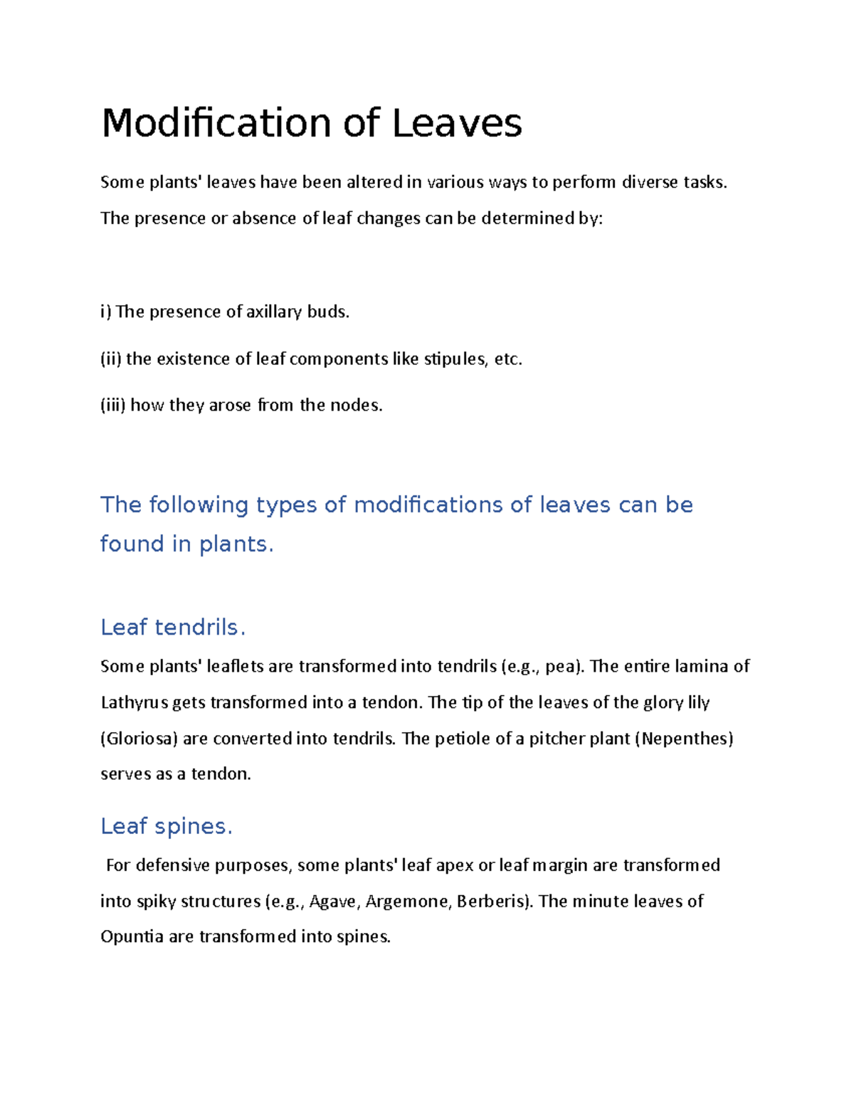 Brief NOTE ON Modification of Leaves - Modification of Leaves Some ...