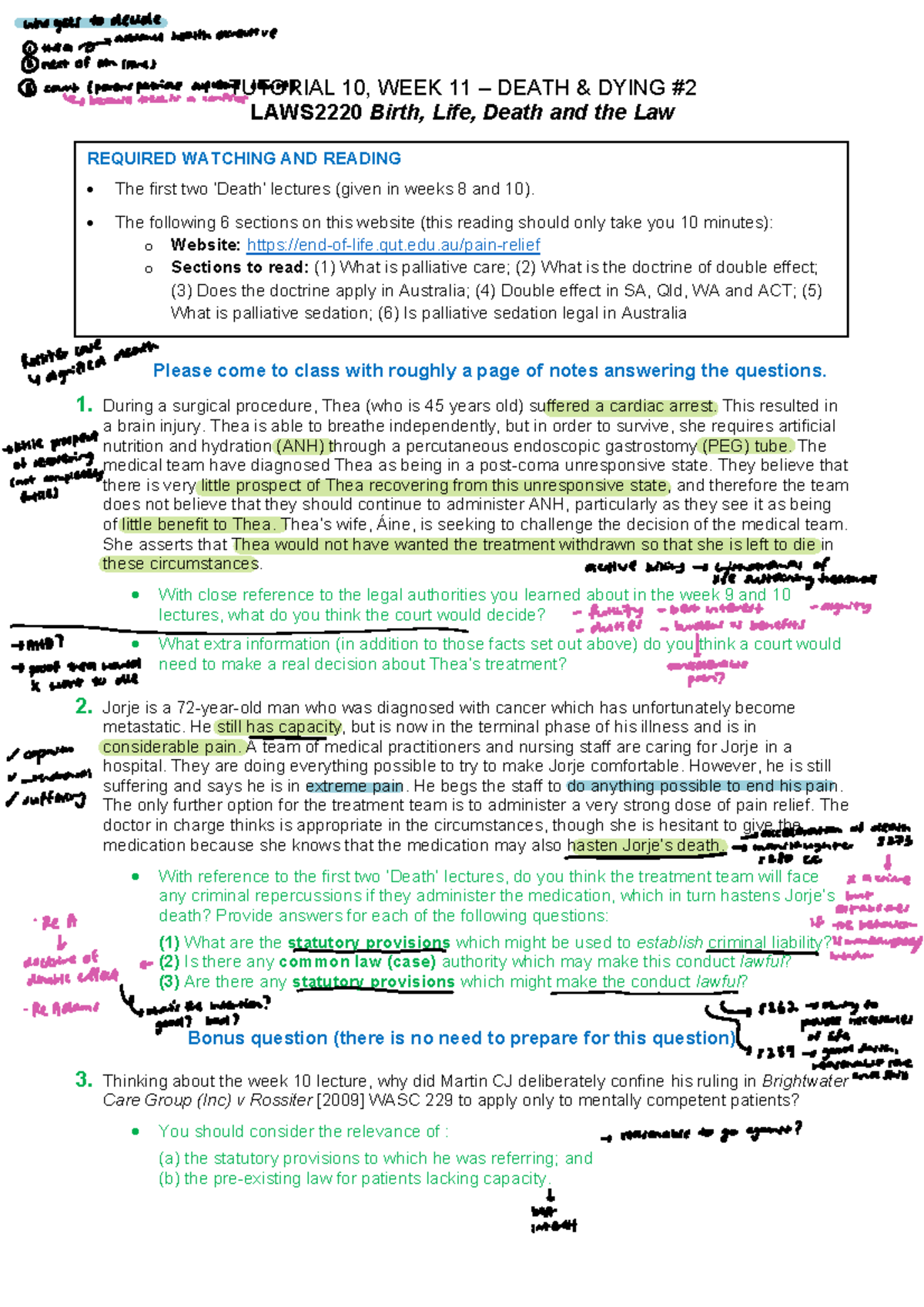 Tutorial 10 - TUTORIAL 10, WEEK 11 – DEATH & DYING LAWS2220 Birth, Life ...