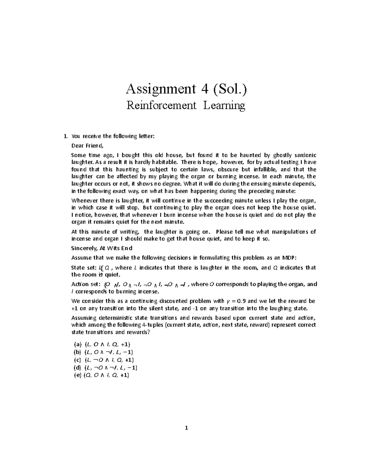 Reinforcement Learning - 1 Assignment 4 (Sol.) Reinforcement Learning 1 ...