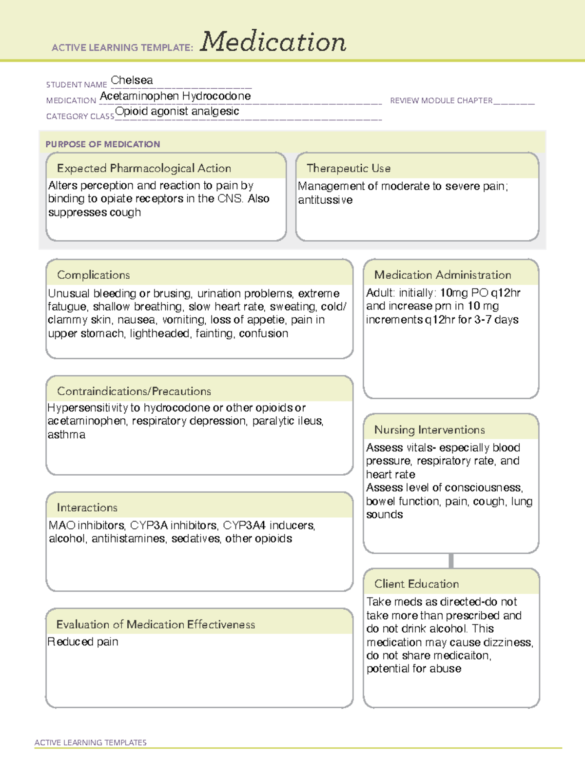 Acetaminophen hydrocodone med sheet - ACTIVE LEARNING TEMPLATES ...