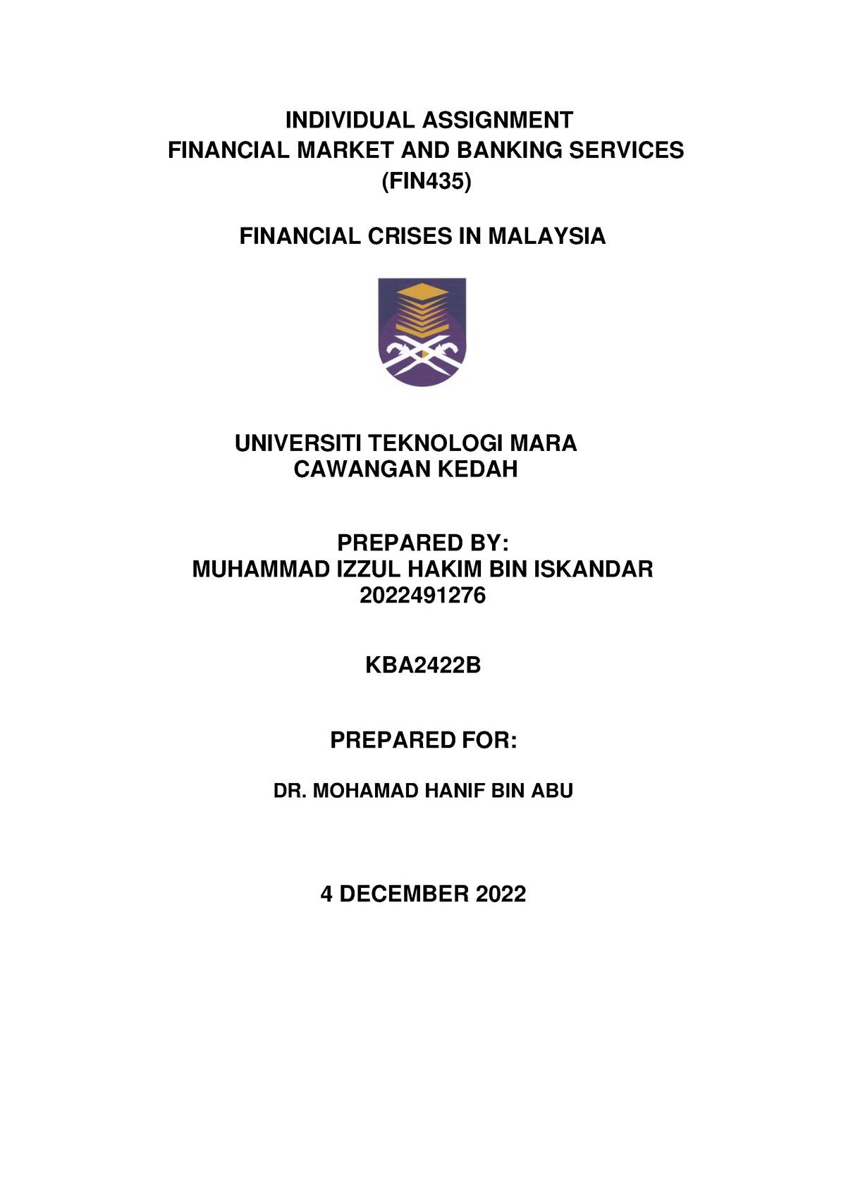 fin435 individual assignment money market