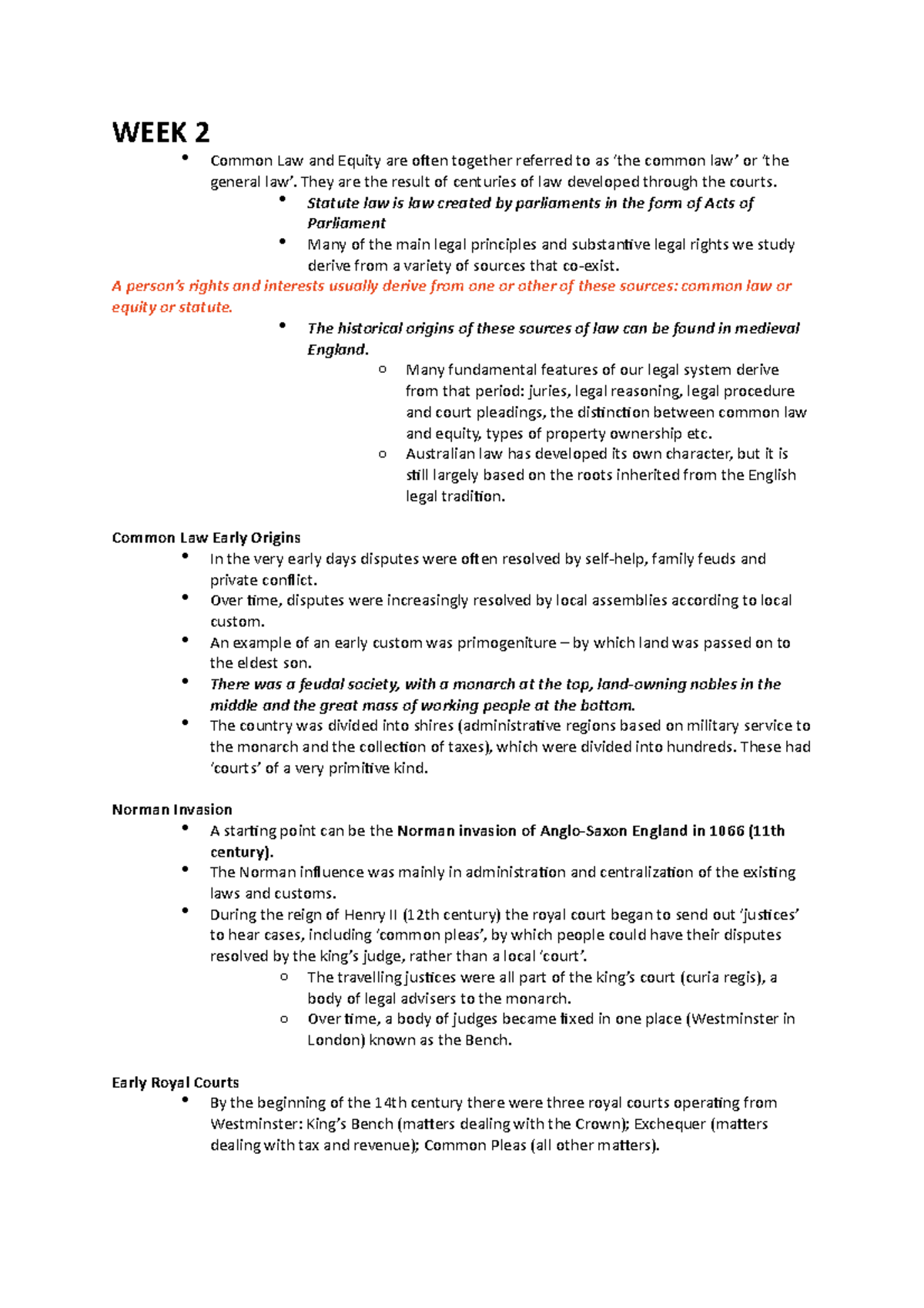 LAWS 1000 - Lecture notes 1-10xxxxxx - WEEK 2 Common Law and Equity are ...