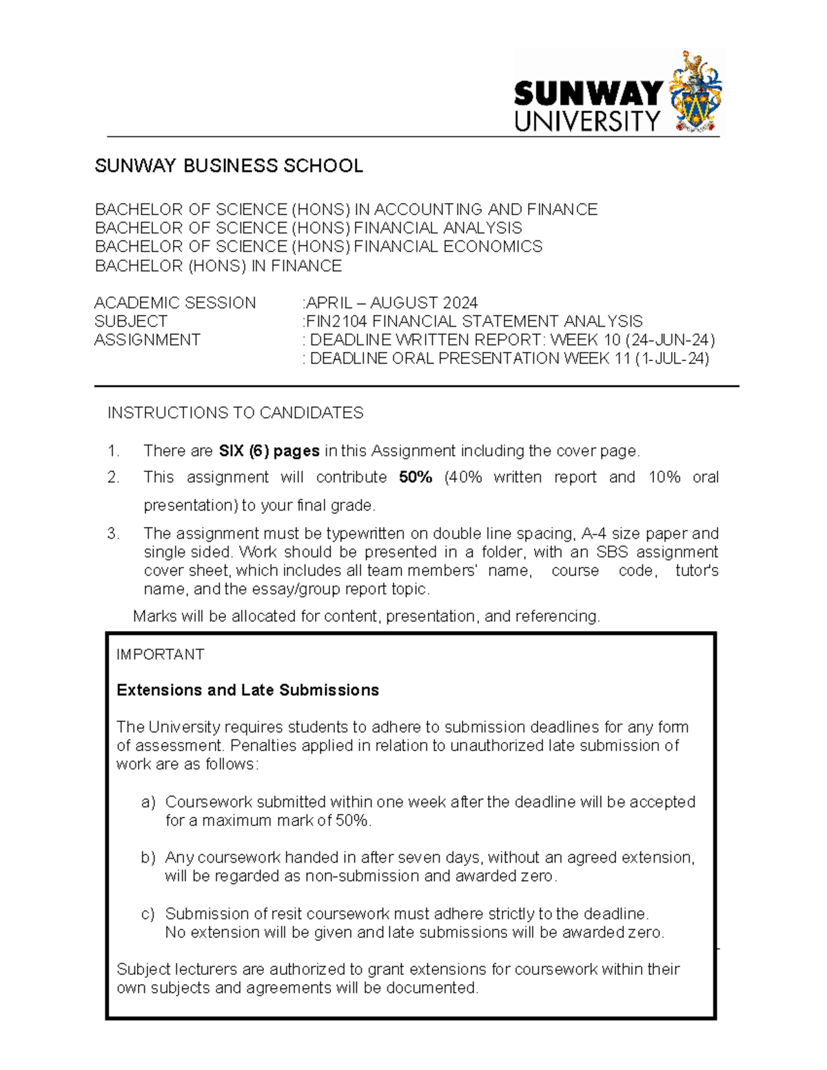 Assignment Question FN2104 April(2) notes chapter 15 - SUNWAY BUSINESS ...
