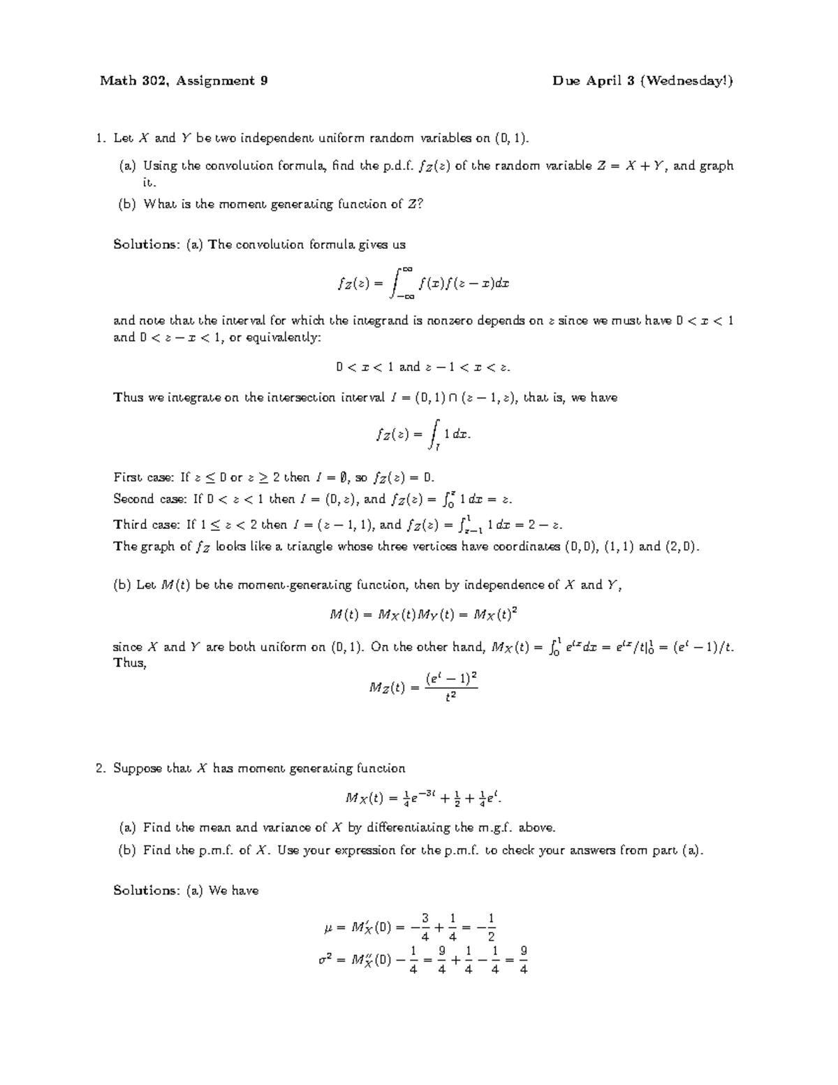 Ubc Math 302 Homework 09 Solutions Math 302 Assignment Due April Wednesday Letxandy Be Two Independent Uniform Random Variables On Using The Convolution Formula Studocu