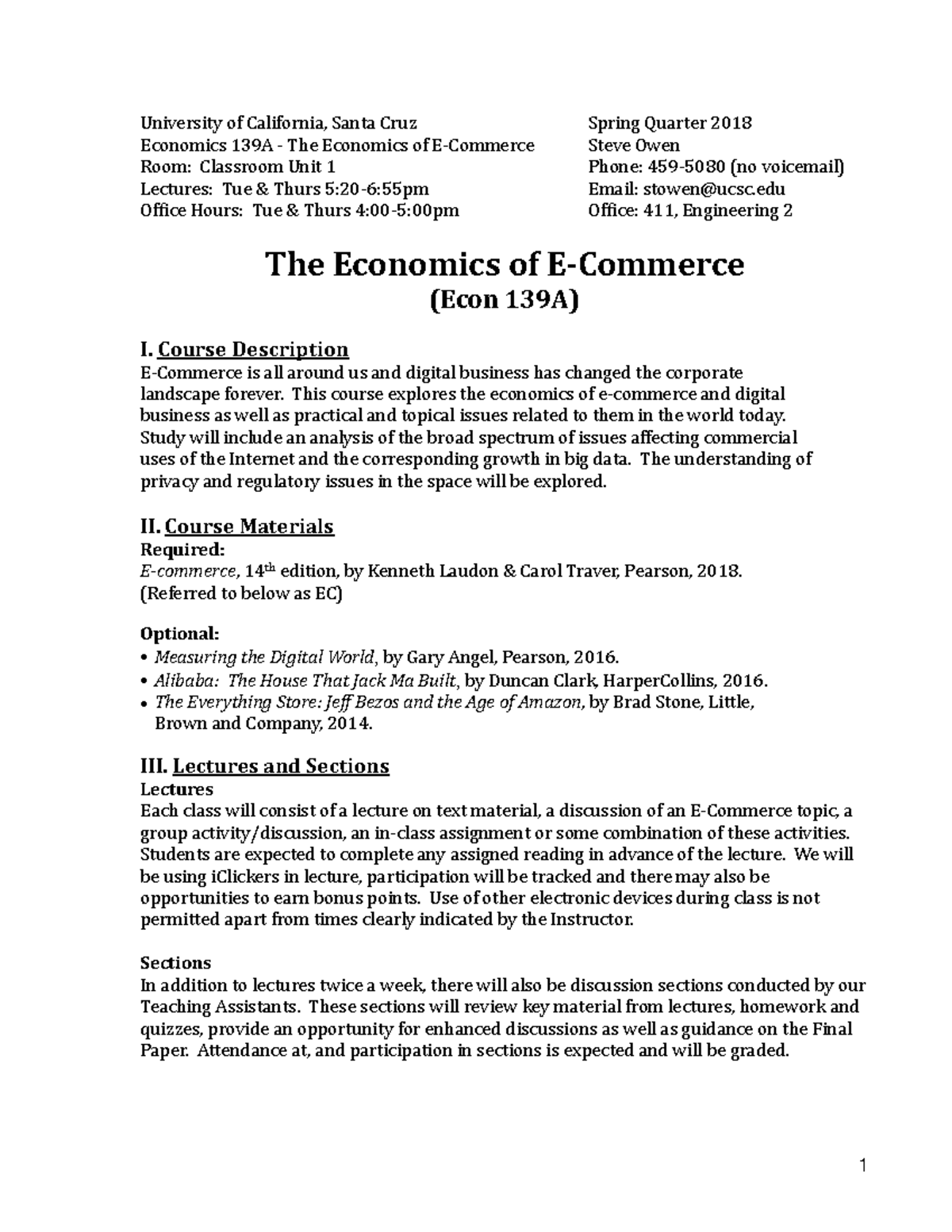 Econ 139A Syllabus Spring 2018 University of California Santa