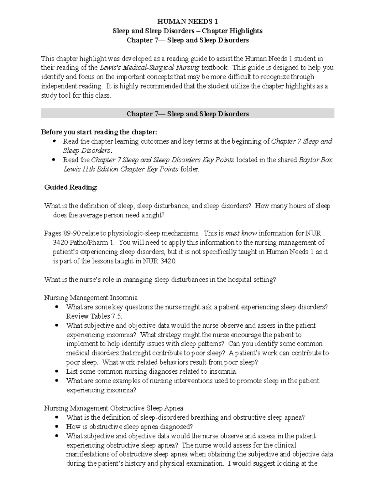 Chapter 07. HUMAN NEEDS 1 Sleep and Sleep Disorders