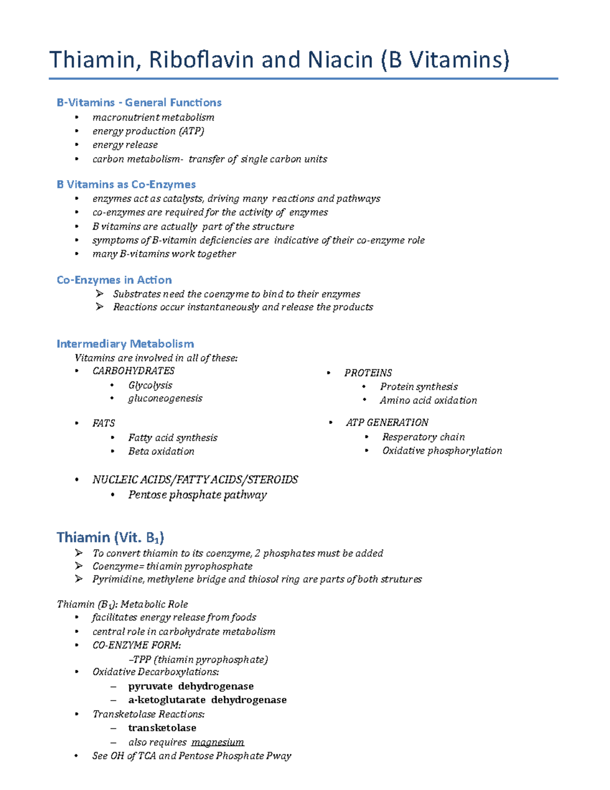 B Vitamins - B Vitamin Lecture Summary - Thiamin, Riboflavin And Niacin ...