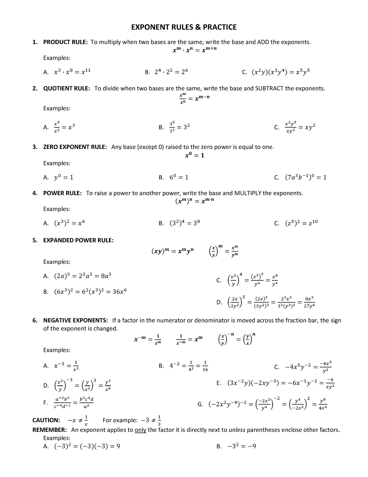 Exponent Rules And Practice Exponent Rules And Practice Product Rule To Multiply When Two Bases 4604