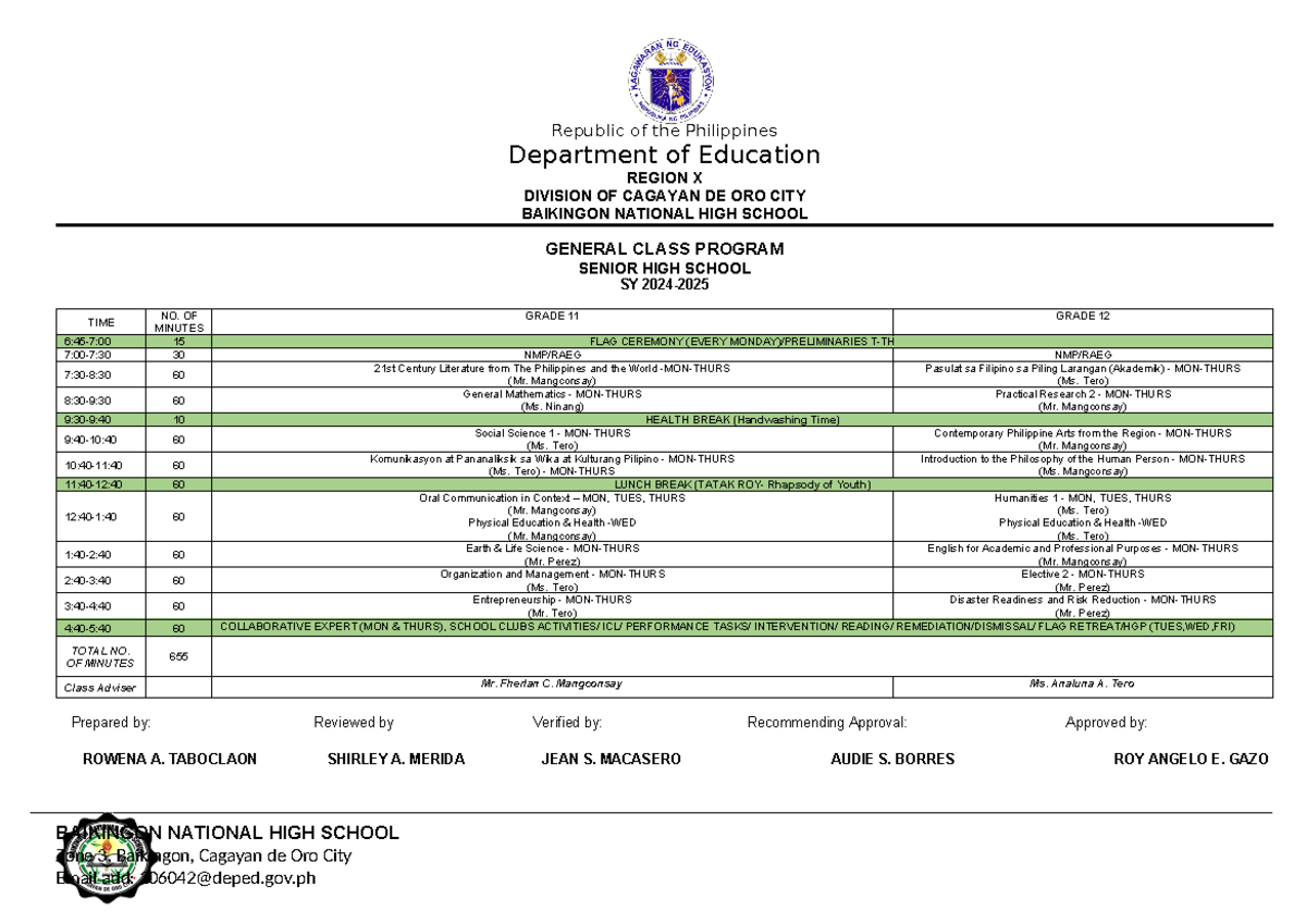 SHS Class Program 2024 - Republic of the Philippines Department of ...