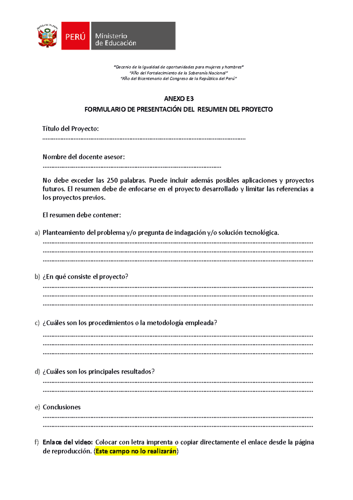 Anexo E3 Formulario De Presentación Del Resumen Del Proyecto Decenio De La Igualdad De 4039