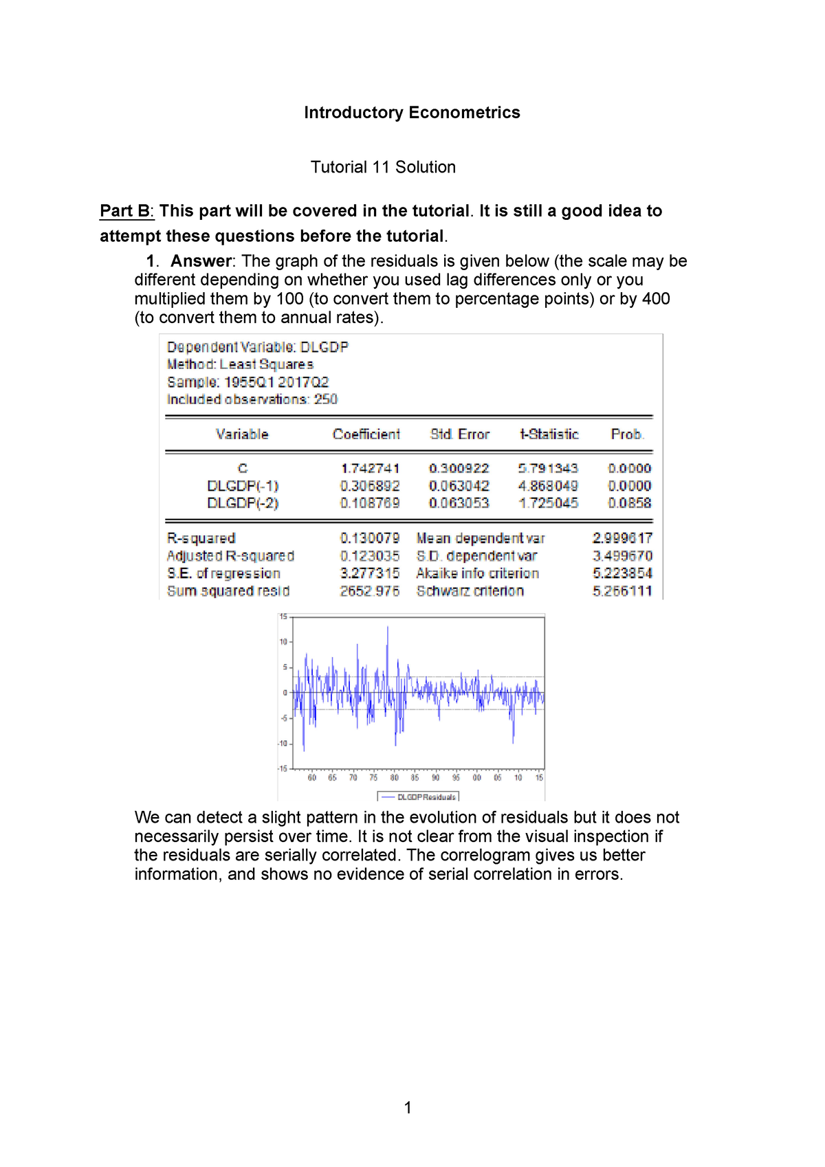 Solution To Week 11 Tutorial - Introductory Econometrics Tutorial 11 ...