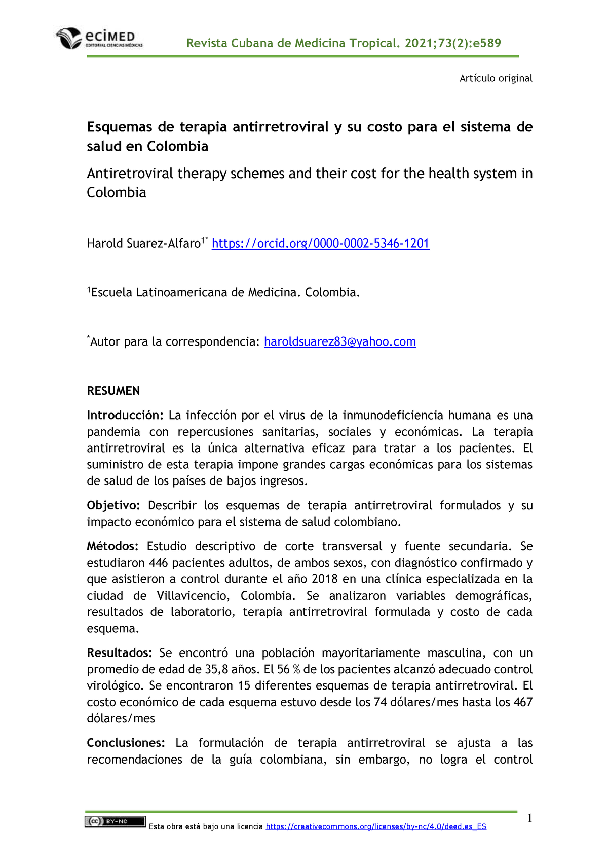 AC Esquemas De Terapia Antirretroviral Y Su Costo Para El Sistema De ...