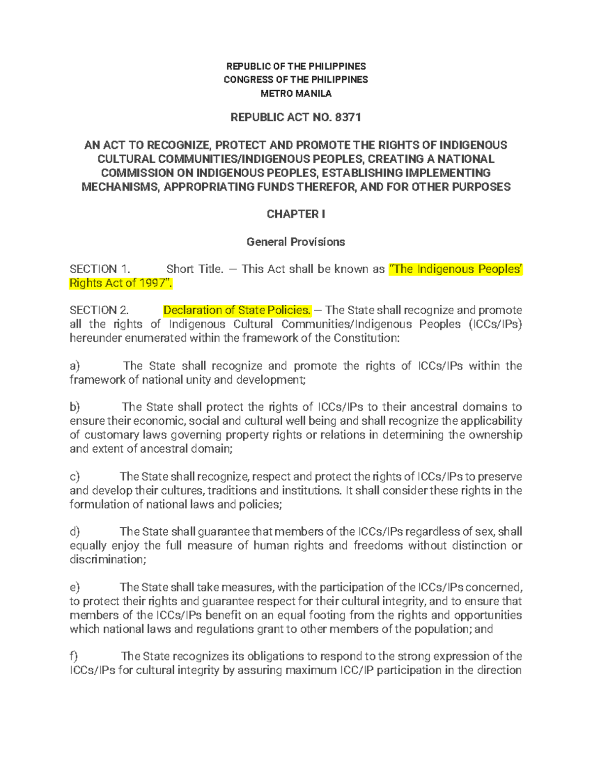 IPRA-LAW - REPUBLIC OF THE PHILIPPINES CONGRESS OF THE PHILIPPINES ...