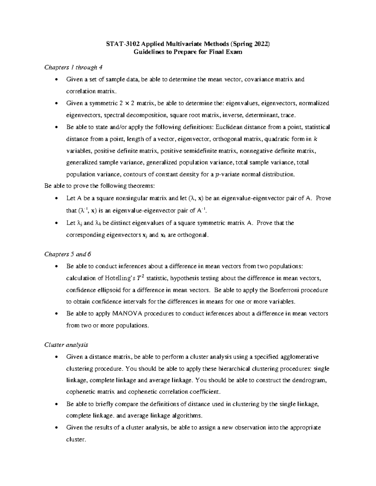 Study Guidelines for Final Exam Spring 2022 STAT3102 Applied