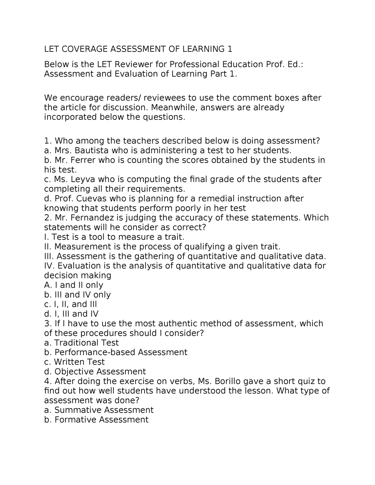 Assessment Of Learning Evaluation - LET COVERAGE ASSESSMENT OF LEARNING ...