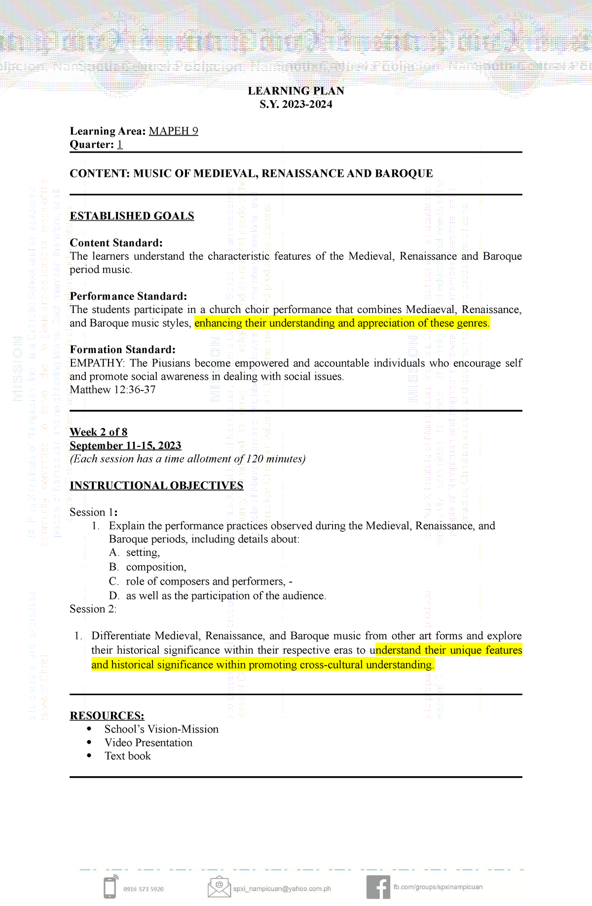 LP G9 Mapeh WEEK 2 - Reference - LEARNING PLAN S. 2023- Learning Area ...