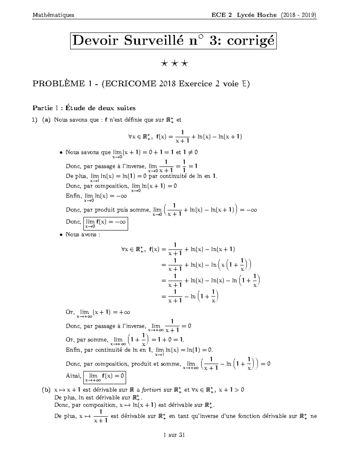 DS3 Cor 2018 - DS Maths - Devoir Surveill ́e N 3: Corrig ́e ⋆ ⋆ ⋆ ...