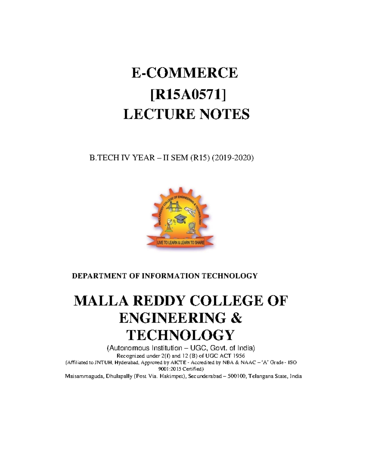 IT.B.TECH IV YEAR II SEM Ecommerce (R15A0571) Notes - E-COMMERCE ...