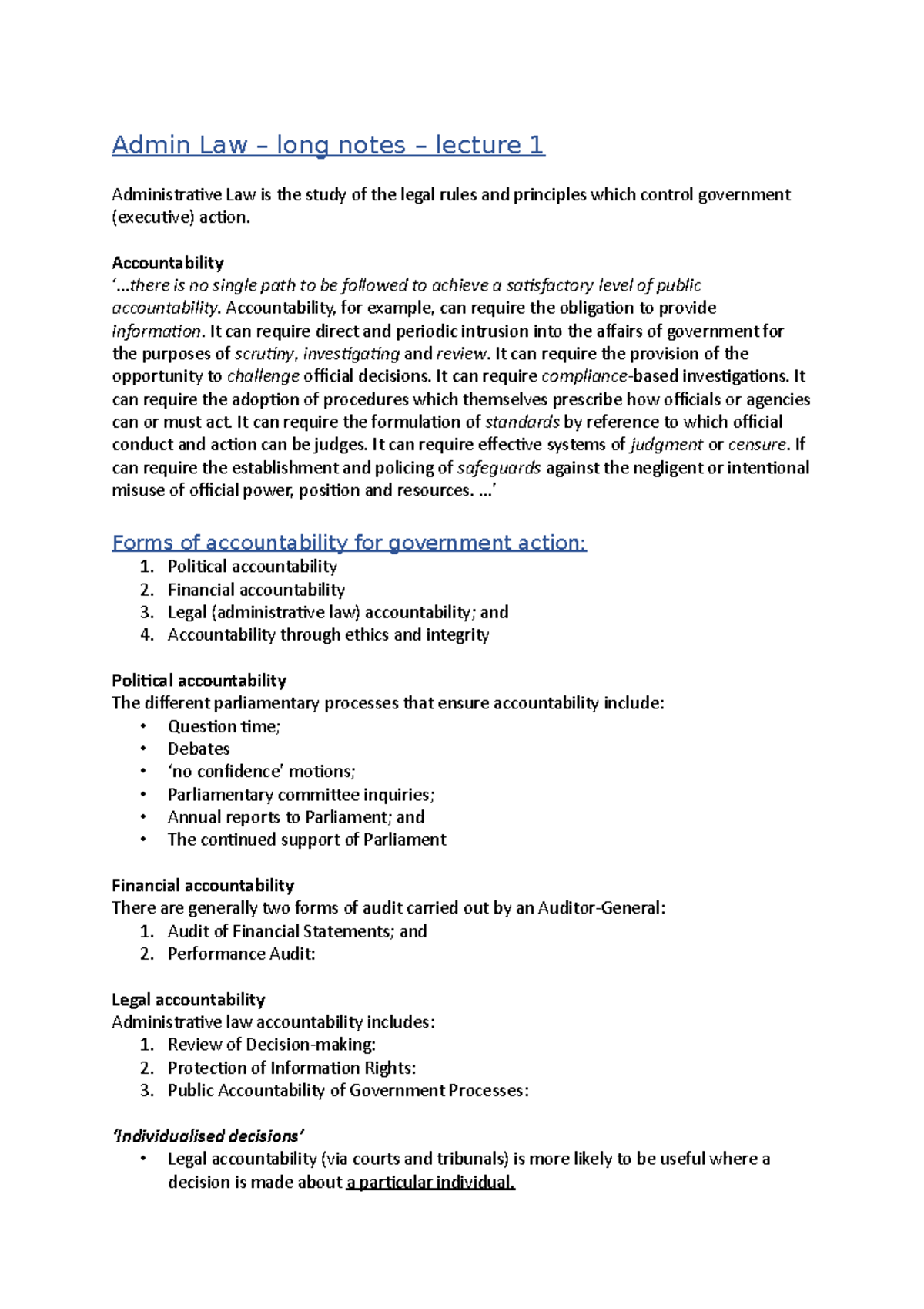 Week 1 lecture notes - Admin Law – long notes – lecture 1 Administraive ...