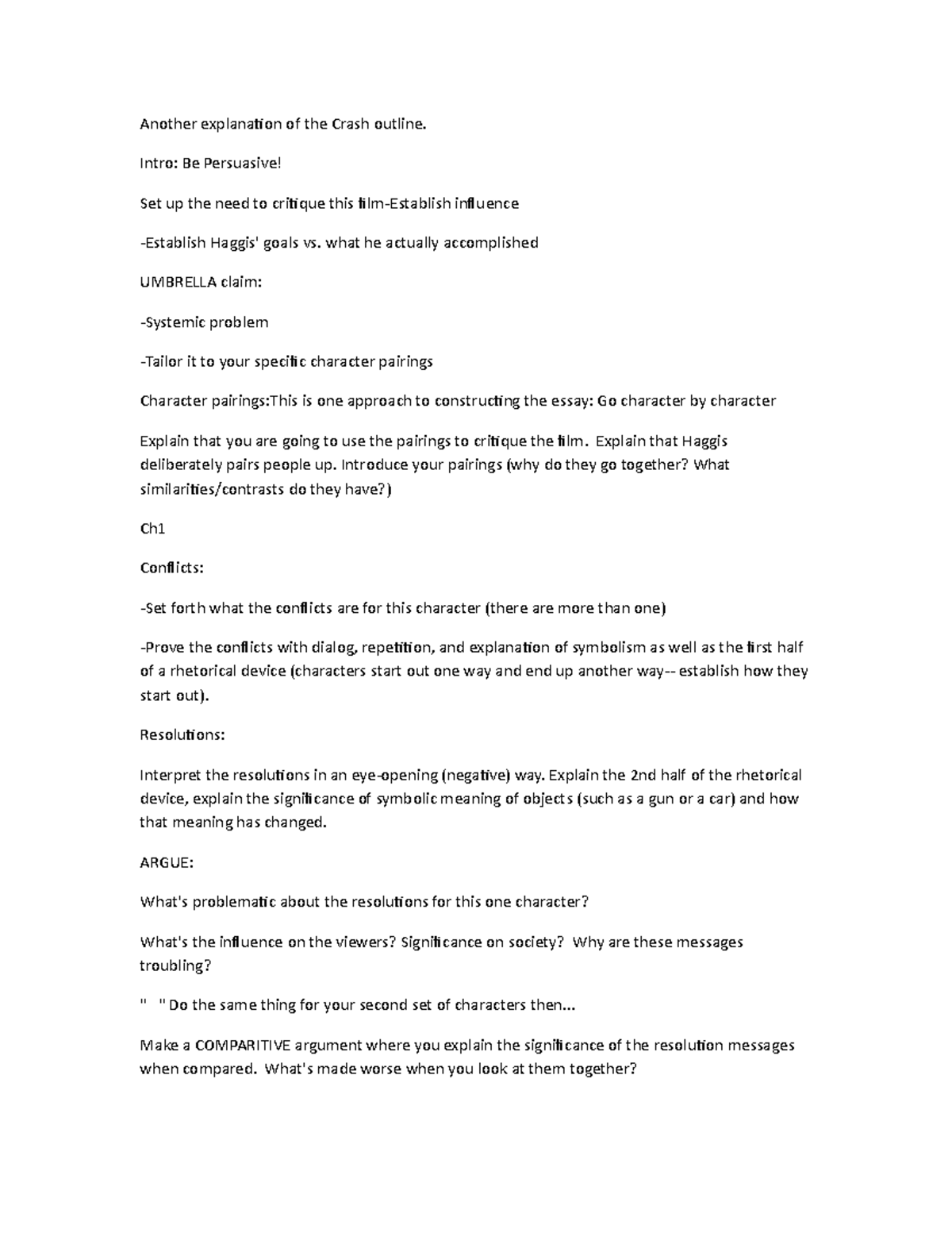 Lecture notes Eng1000 - Another explanation of the Crash outline. Intro ...