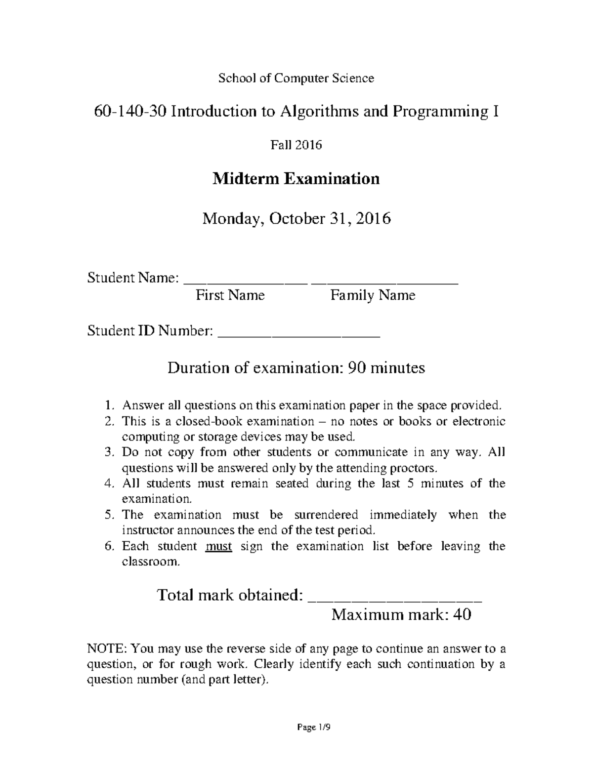 Midterm 10 2016, answers - School of Computer Science 60-140-30 ...