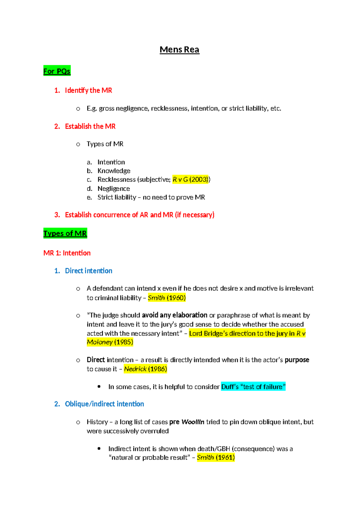Mens Rea Summary - Mens Rea For PQs Identify the MR o E. gross ...