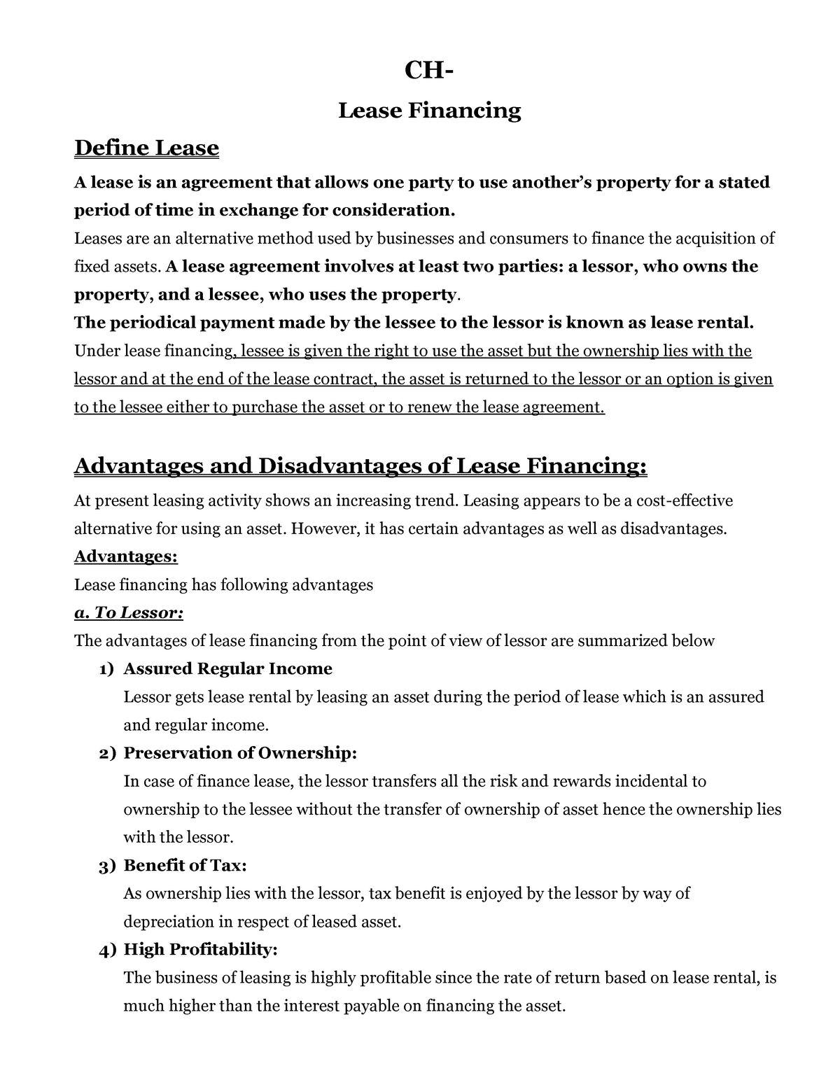 Lease - Lecture Notes 5-7 - CH- Lease Financing Define Lease A Lease Is ...