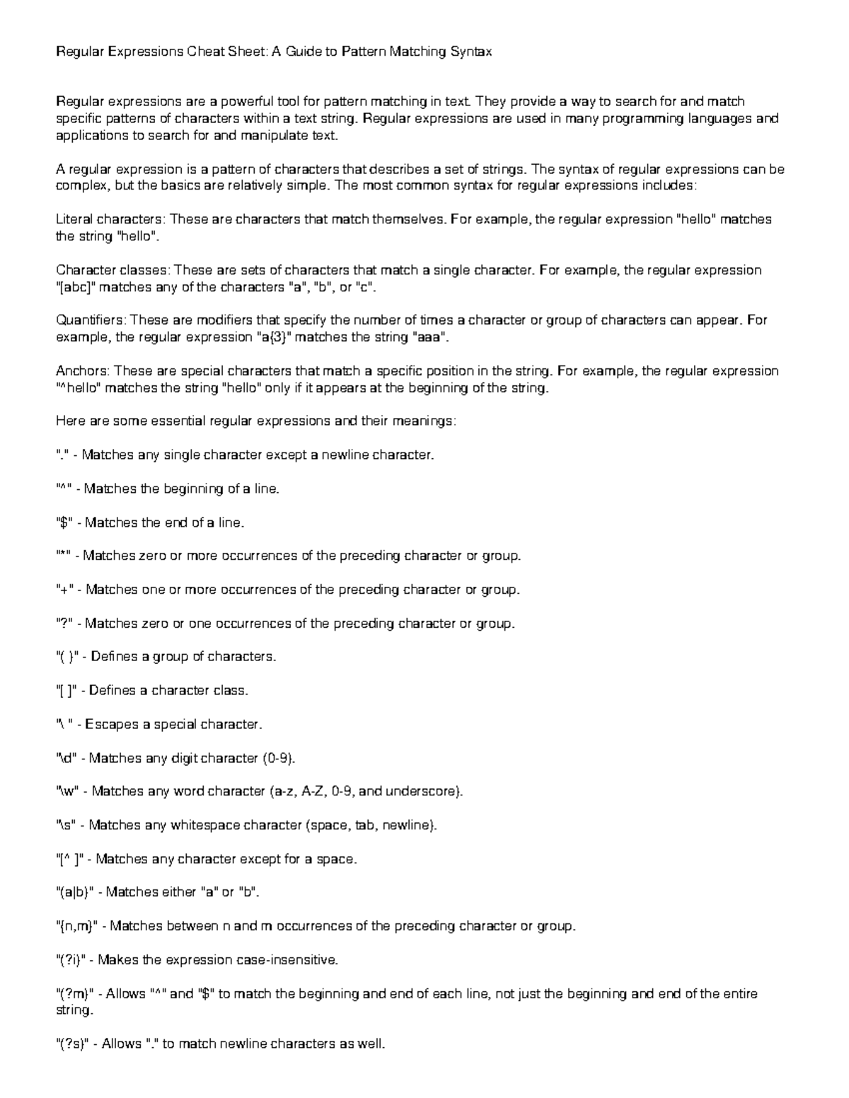 Regular Expressions Cheat Sheet A Guide to Pattern Matching Syntax ...