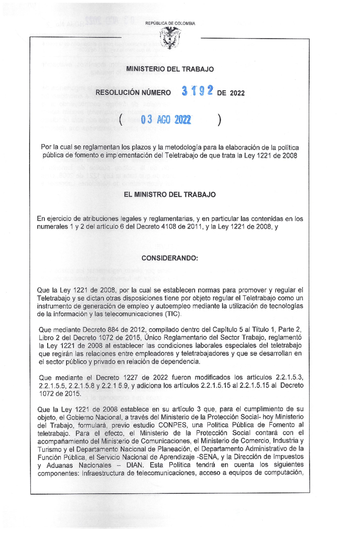 Resolucion 3192 De 2022 Política Pública De Teletrabajo Universidad Resolucion 3192 De 2022 Política Pública De Teletrabajo Universidad