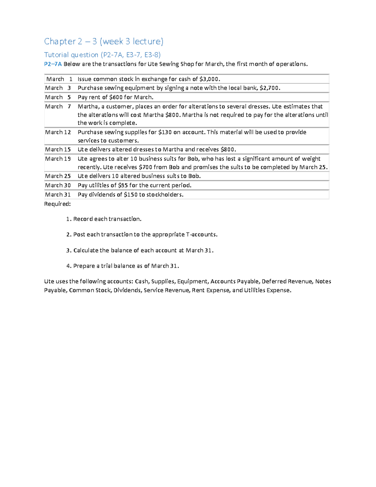 Week 3 Topic Tutorial Question - Chapter 2 – 3 (week 3 Lecture ...