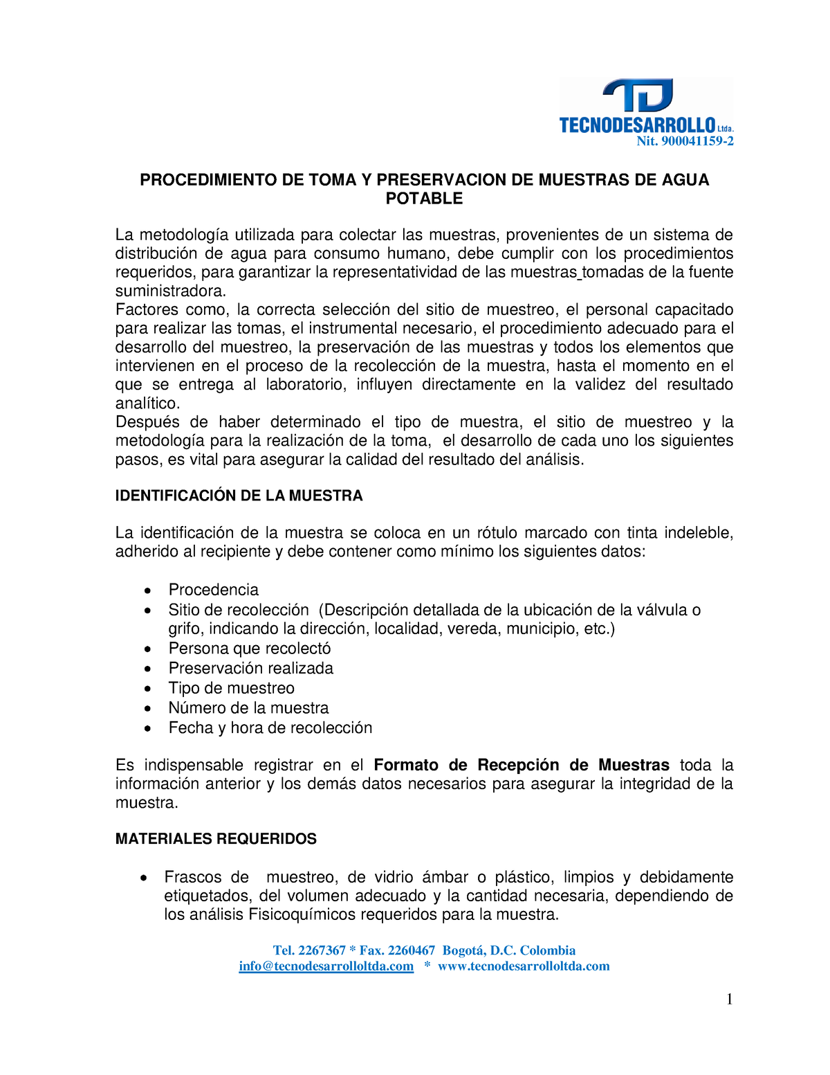 Protocolo Muestreo Agua Potable - Nit. 900041159- PROCEDIMIENTO DE TOMA ...