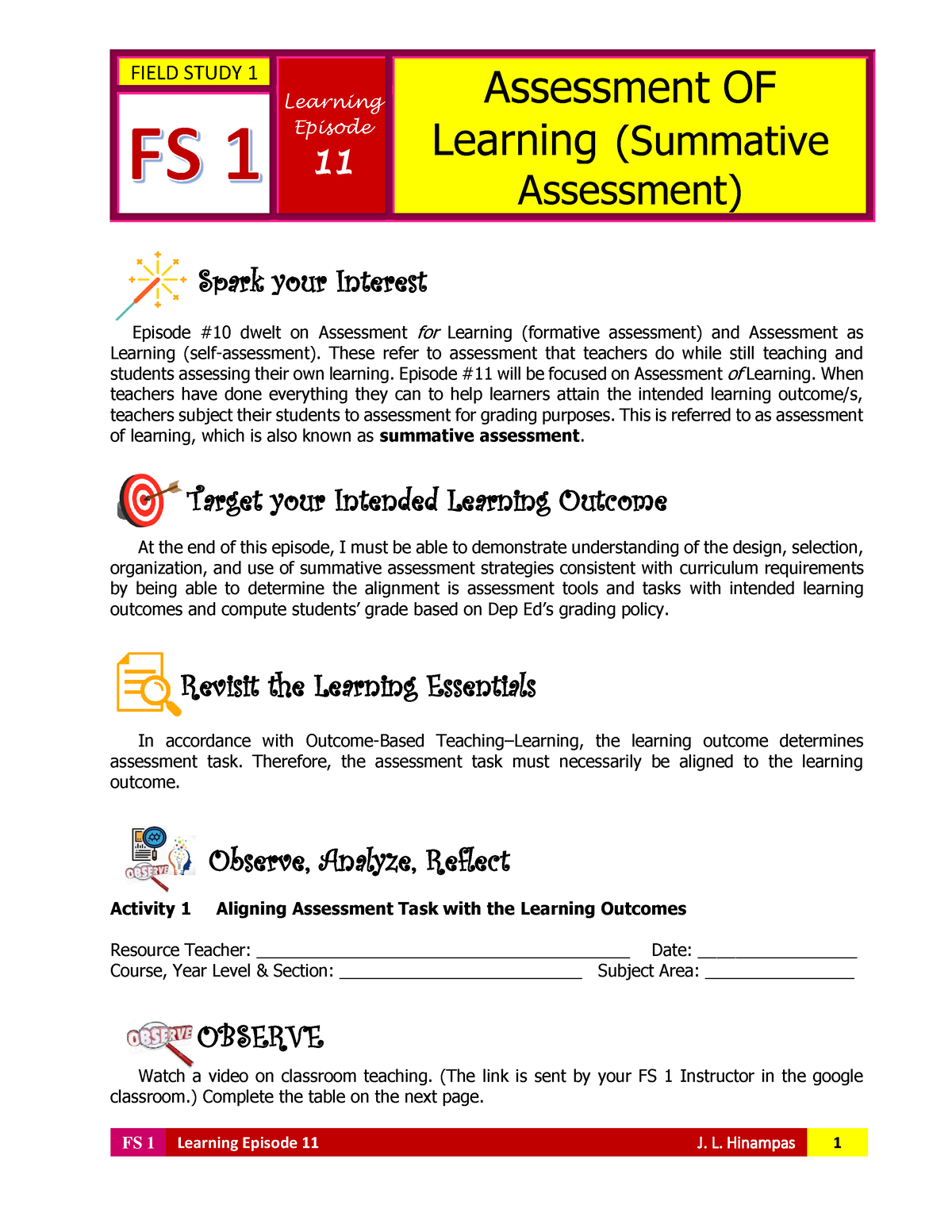 FS 1 Learning Episode 11 1st Sem 2023 - Episode #10 Dwelt On Assessment ...