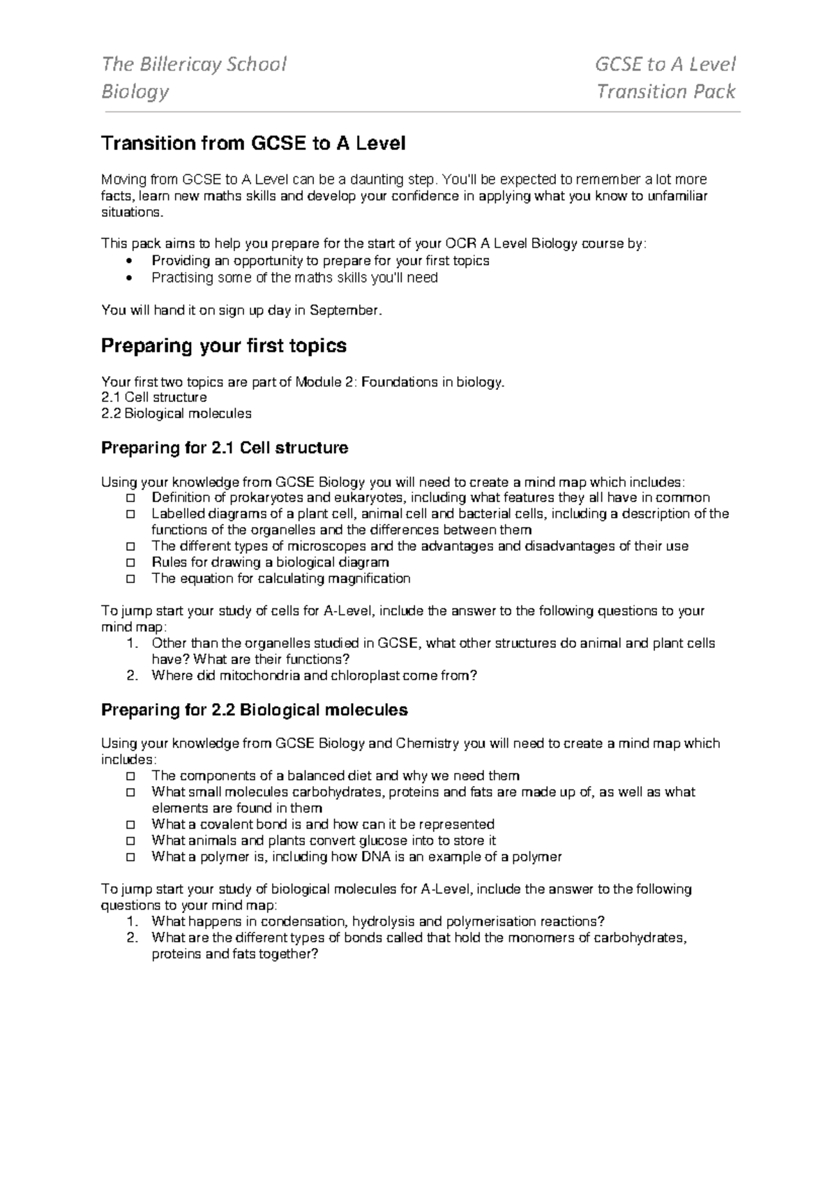 Biology Summer Task billericay - The Billericay School GCSE to A Level ...