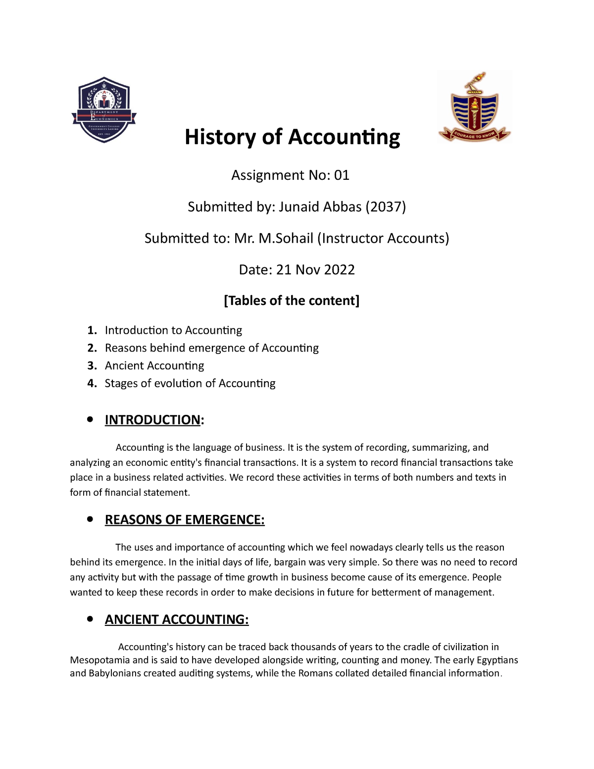 history of accounting assignment