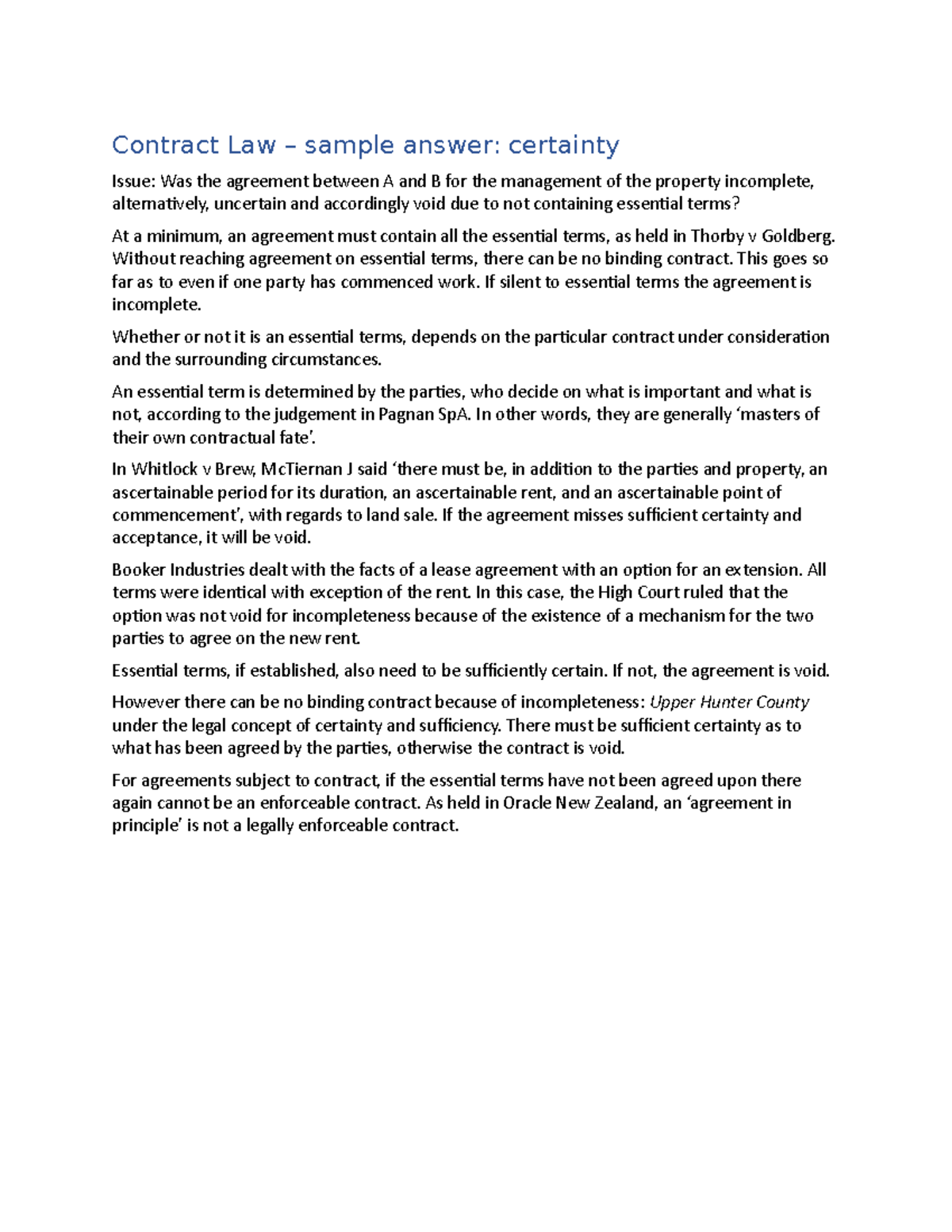 Sample answer contract I - Contract Law – sample answer: certainty ...