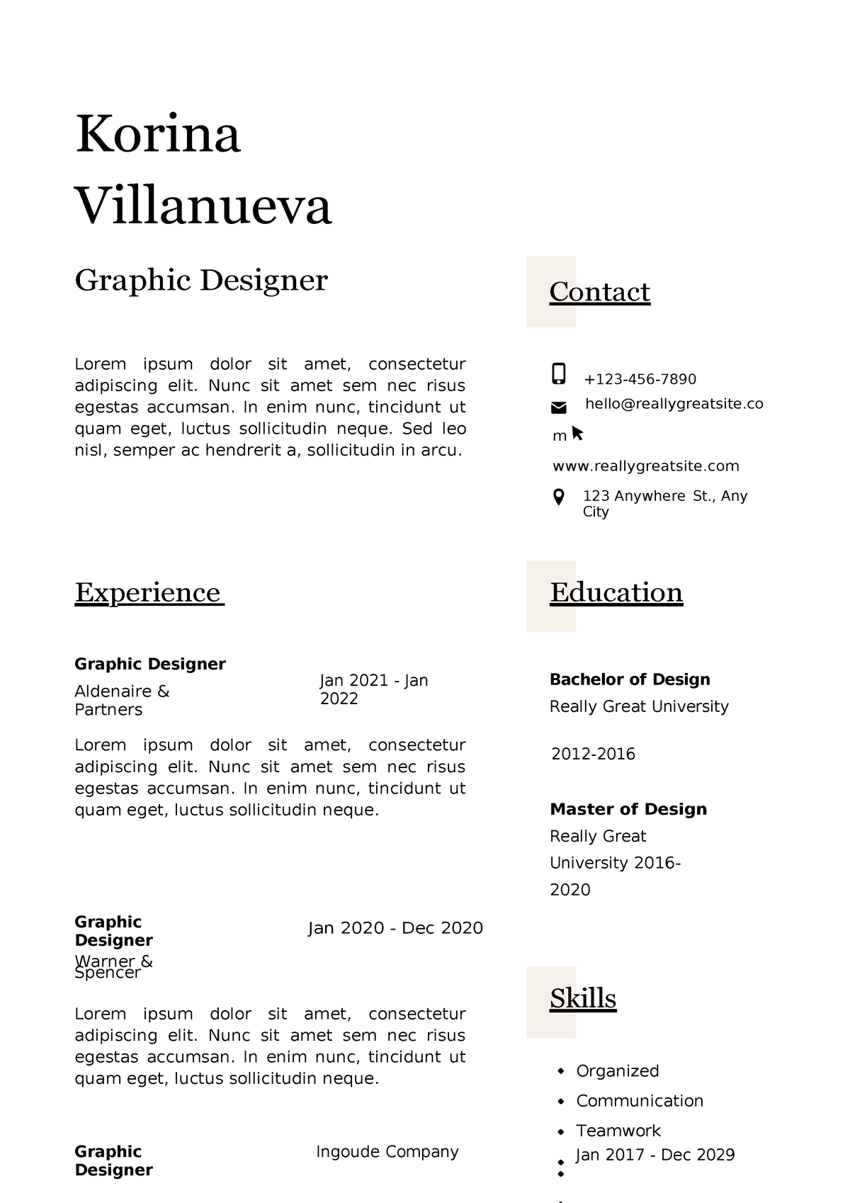 White Minimalist Graphic Designer Professional CV Resume - Korina ...